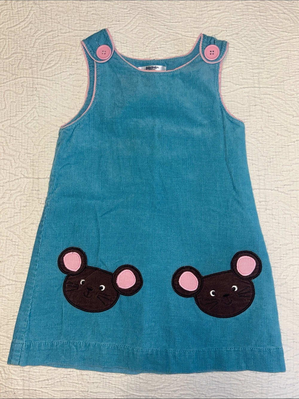 Baby Boden Teal Corduroy 100% Cotton Pinny Dress, Mouse Appliqué Pockets